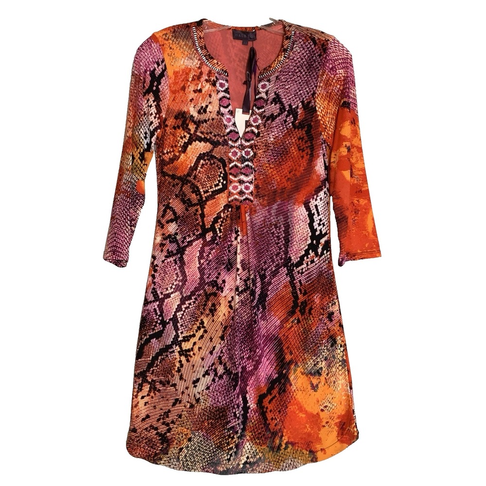Hale Bob Women's XS Dress Orange Pink Snake Print Beaded Detail NWT